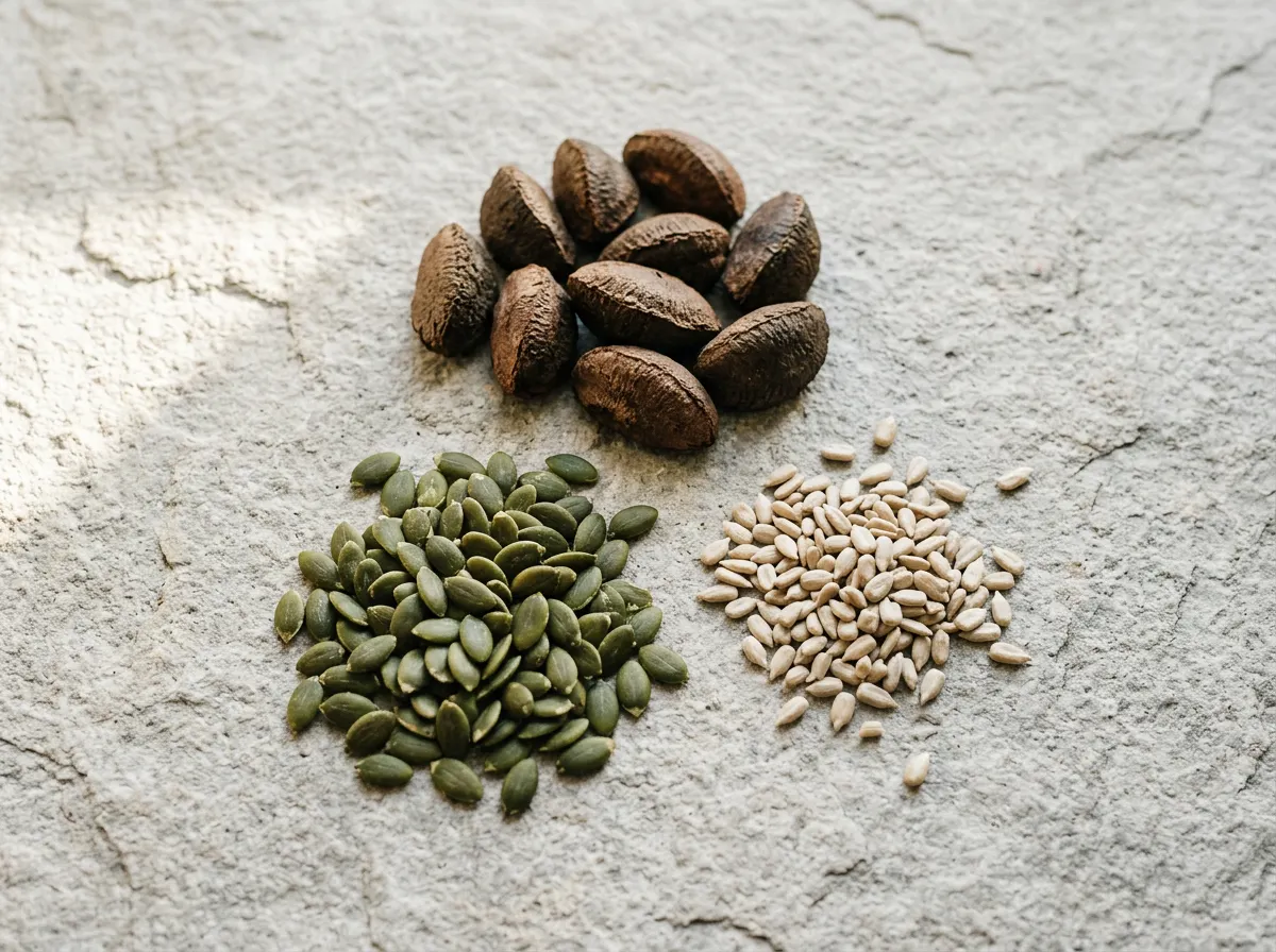 Naturliga ingredienser - pumpafrön och paranötter rika på zink och selen