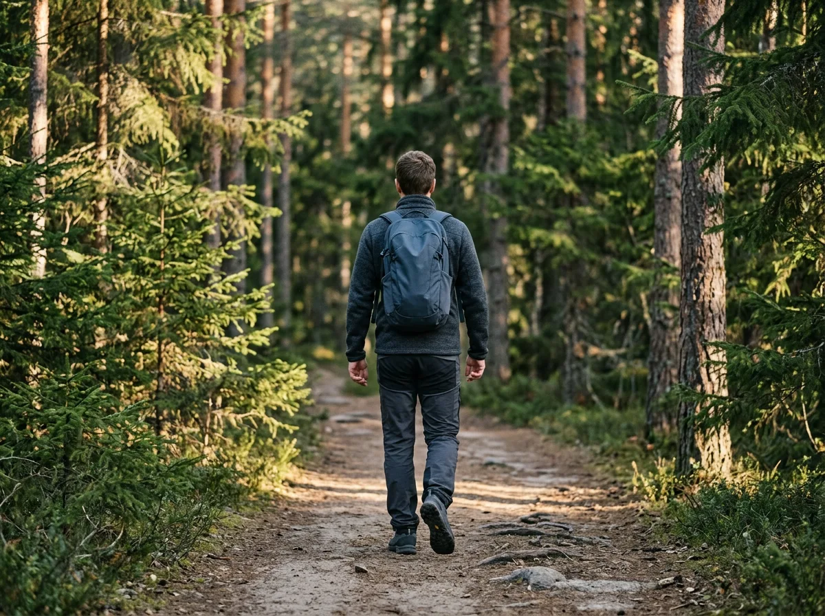 Aktiv man på promenad i nordisk skog